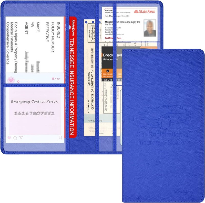 Techion Car Insurance and Registration Holder, 9.5 x 5 Inch PU Leather Vehicle Glove Box Organizer Wallet Case for Insurance Card, Driver License, Paperwork - Blue - Image 1